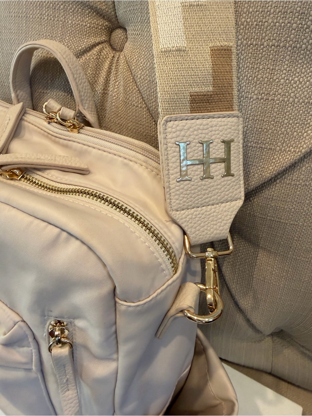 Haute Hippie Cream Nylon Convertible Backpack Tote with Patterned Strap - Picture 3 of 12